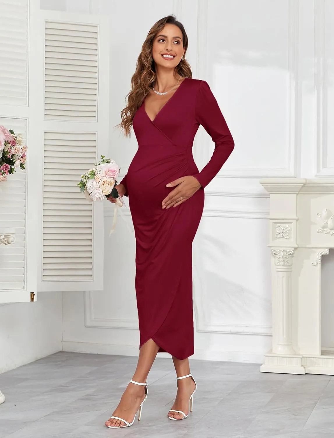 2025 Womens Maternity Wrap Dress V Neck Ruffle Sleeves Semi Formal Baby Shower Photoshoot Party Cocktail Pregnancy