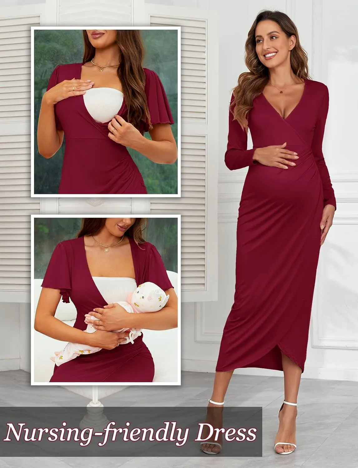 2025 Womens Maternity Wrap Dress V Neck Ruffle Sleeves Semi Formal Baby Shower Photoshoot Party Cocktail Pregnancy