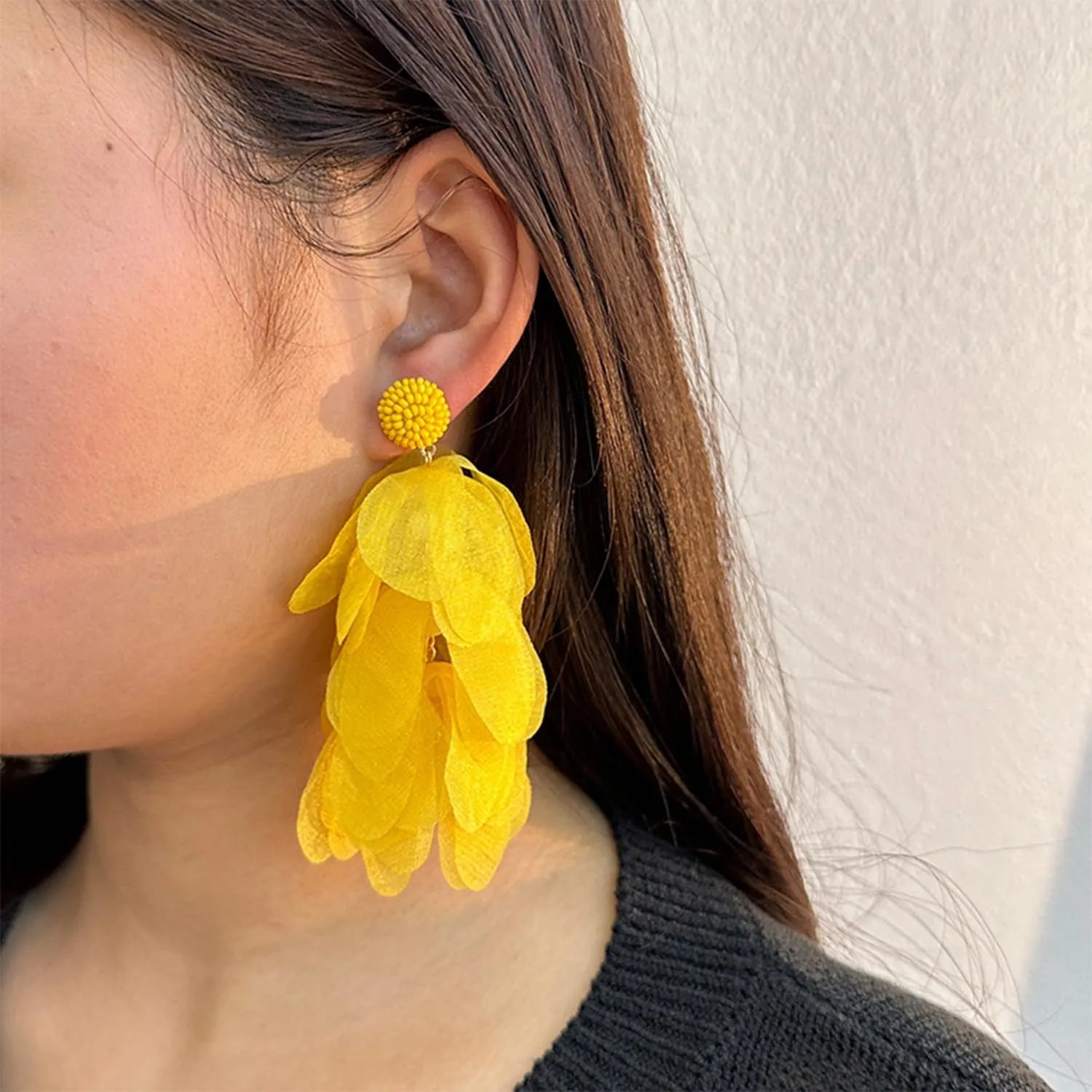 Colorful Exaggerated Cloth Fabric Yarn Flower Bead Tassel Drop Earrings for Women Teen Jewelry