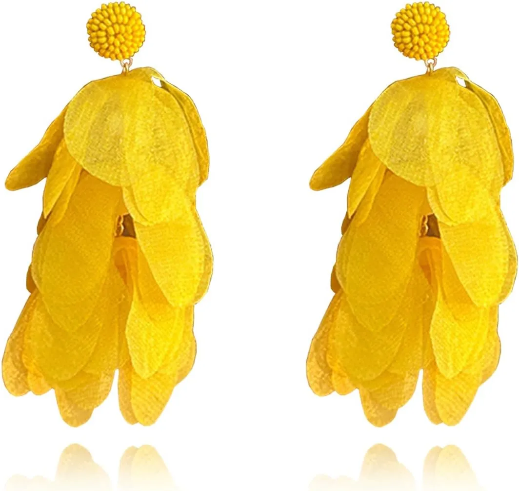 Colorful Exaggerated Cloth Fabric Yarn Flower Bead Tassel Drop Earrings for Women Teen Jewelry