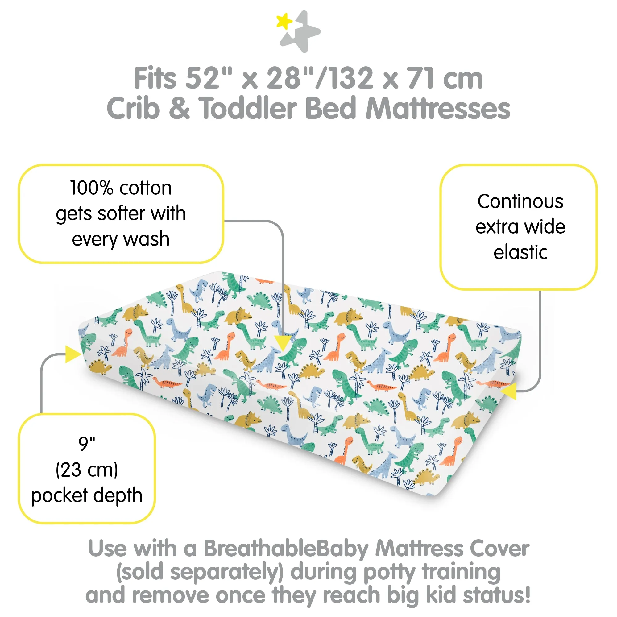 Cotton Percale Fitted Sheet, For 52" x 28"/132 x 71 cm Crib & Toddler Bed Mattress, Roar (2-Pack)