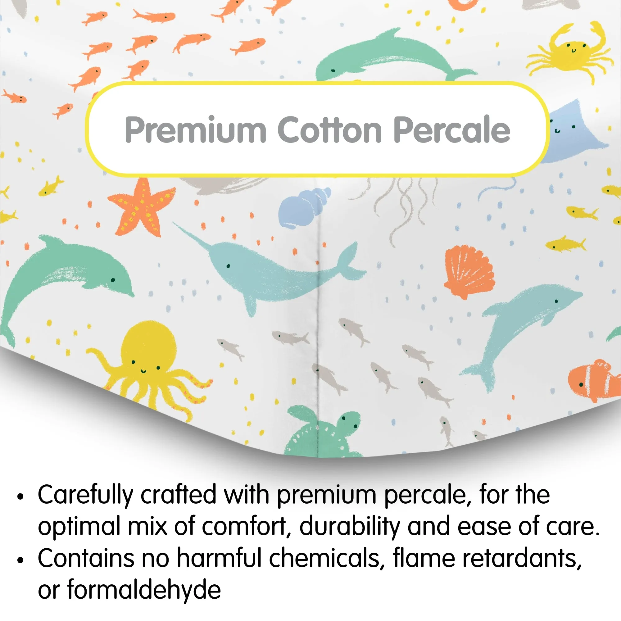 Cotton Percale Fitted Sheet, For 52" x 28"/132 x 71 cm Crib & Toddler Bed Mattress, Sea Life (2-Pack)