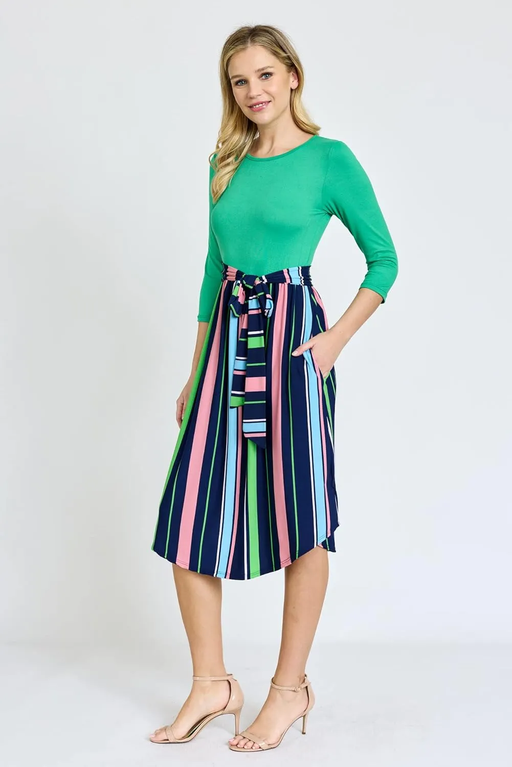 Eloges Women's 3/4 Sleeve Contrast Waist Band Floral Curved Hem Midi Dress