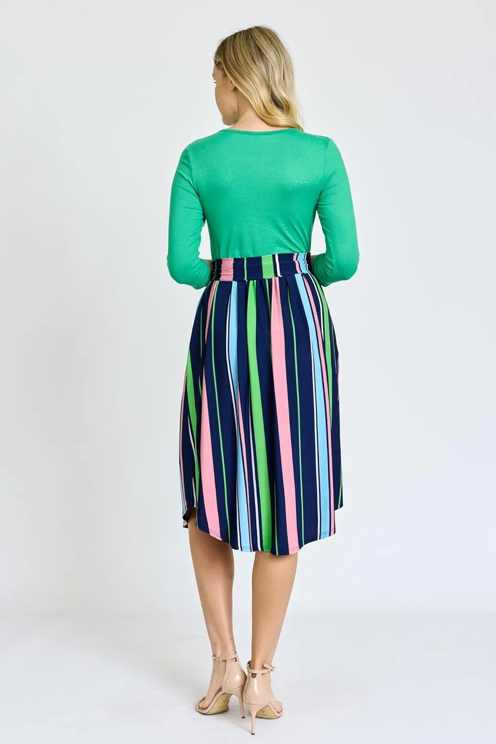 Eloges Women's 3/4 Sleeve Contrast Waist Band Floral Curved Hem Midi Dress