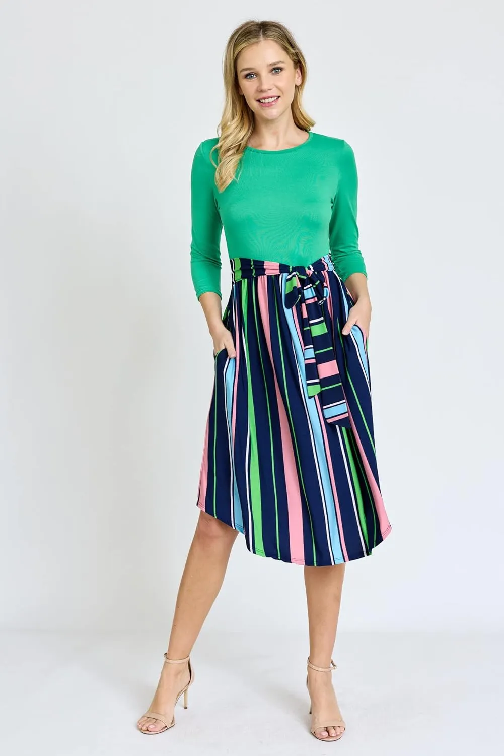 Eloges Women's 3/4 Sleeve Contrast Waist Band Floral Curved Hem Midi Dress