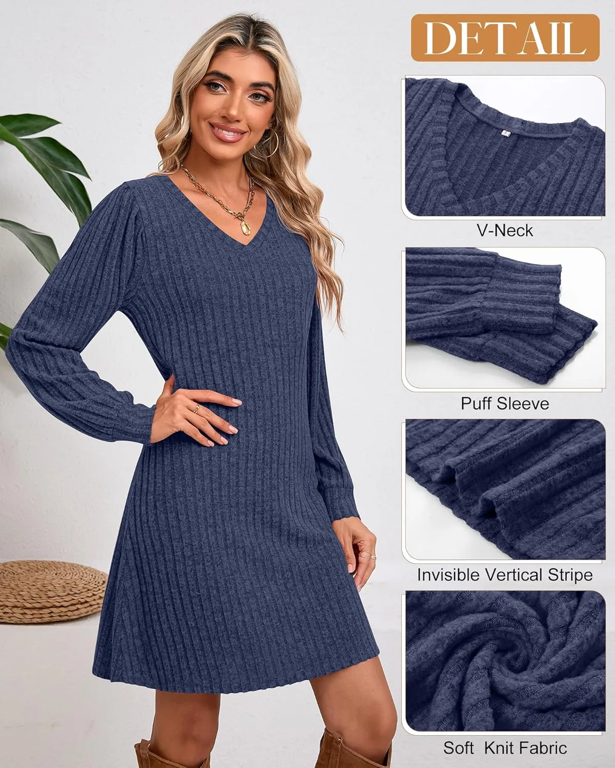 Ficerd Women's Knit Long Sleeve Sweater Dress Casual V Neck Tunic Dresses Fall Trendy Outfits