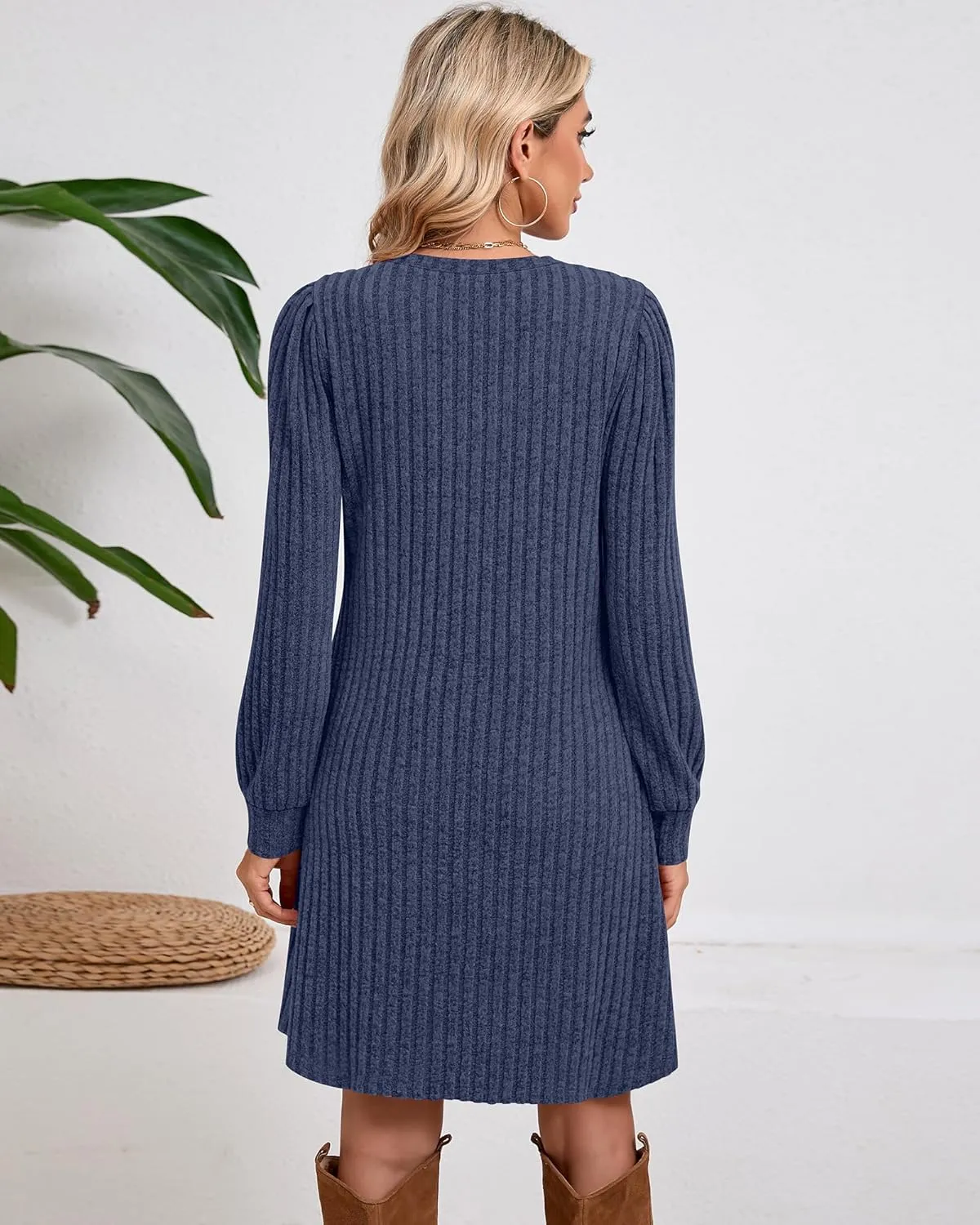Ficerd Women's Knit Long Sleeve Sweater Dress Casual V Neck Tunic Dresses Fall Trendy Outfits