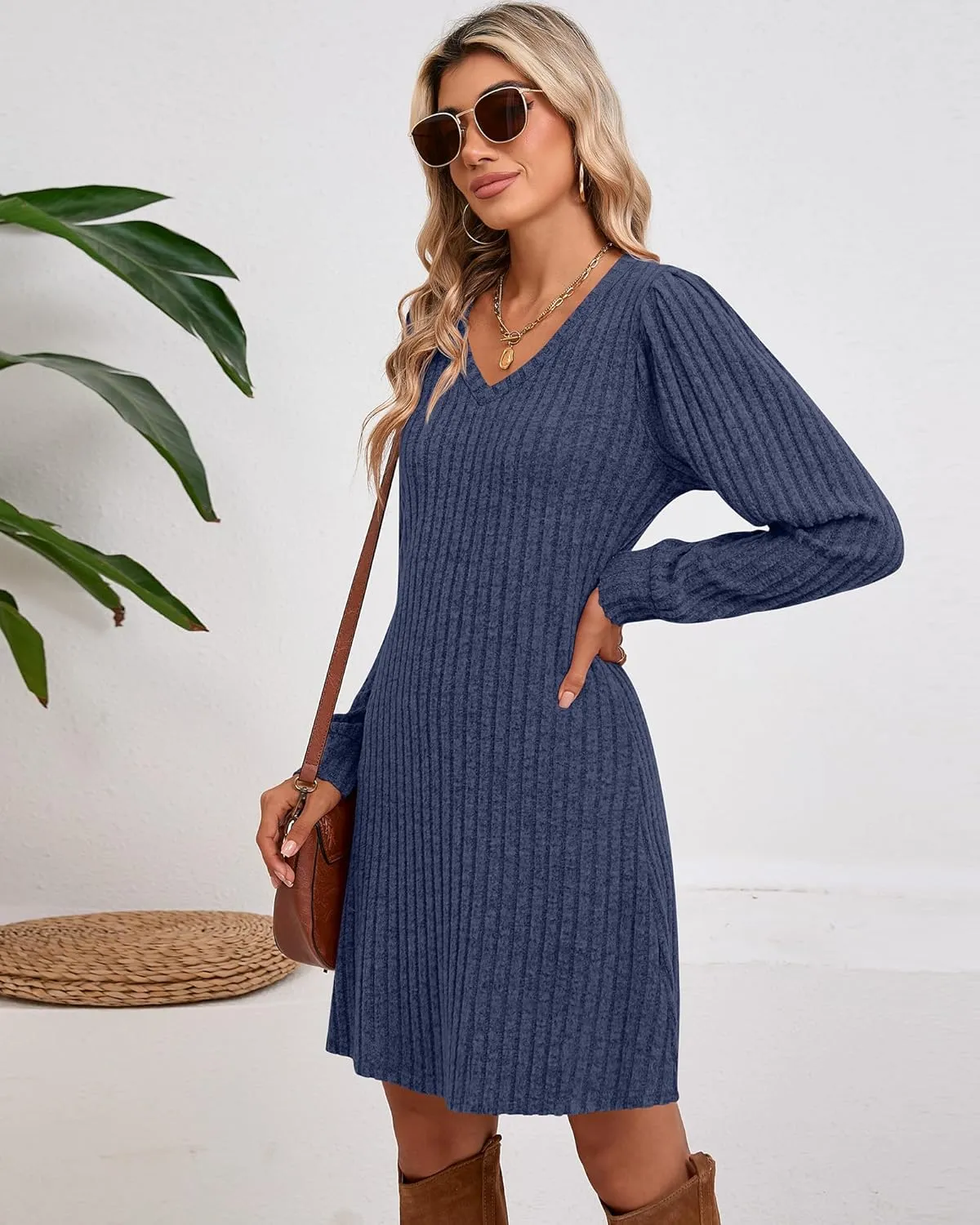 Ficerd Women's Knit Long Sleeve Sweater Dress Casual V Neck Tunic Dresses Fall Trendy Outfits