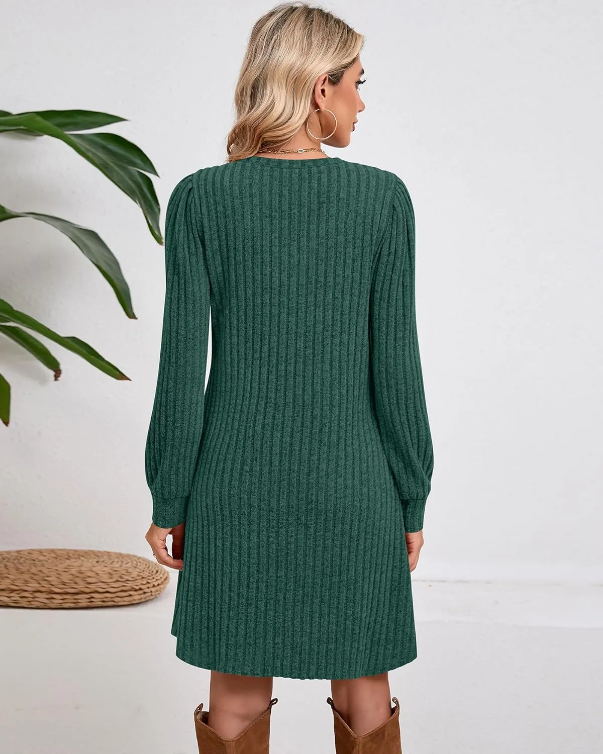 Ficerd Women's Knit Long Sleeve Sweater Dress Casual V Neck Tunic Dresses Fall Trendy Outfits
