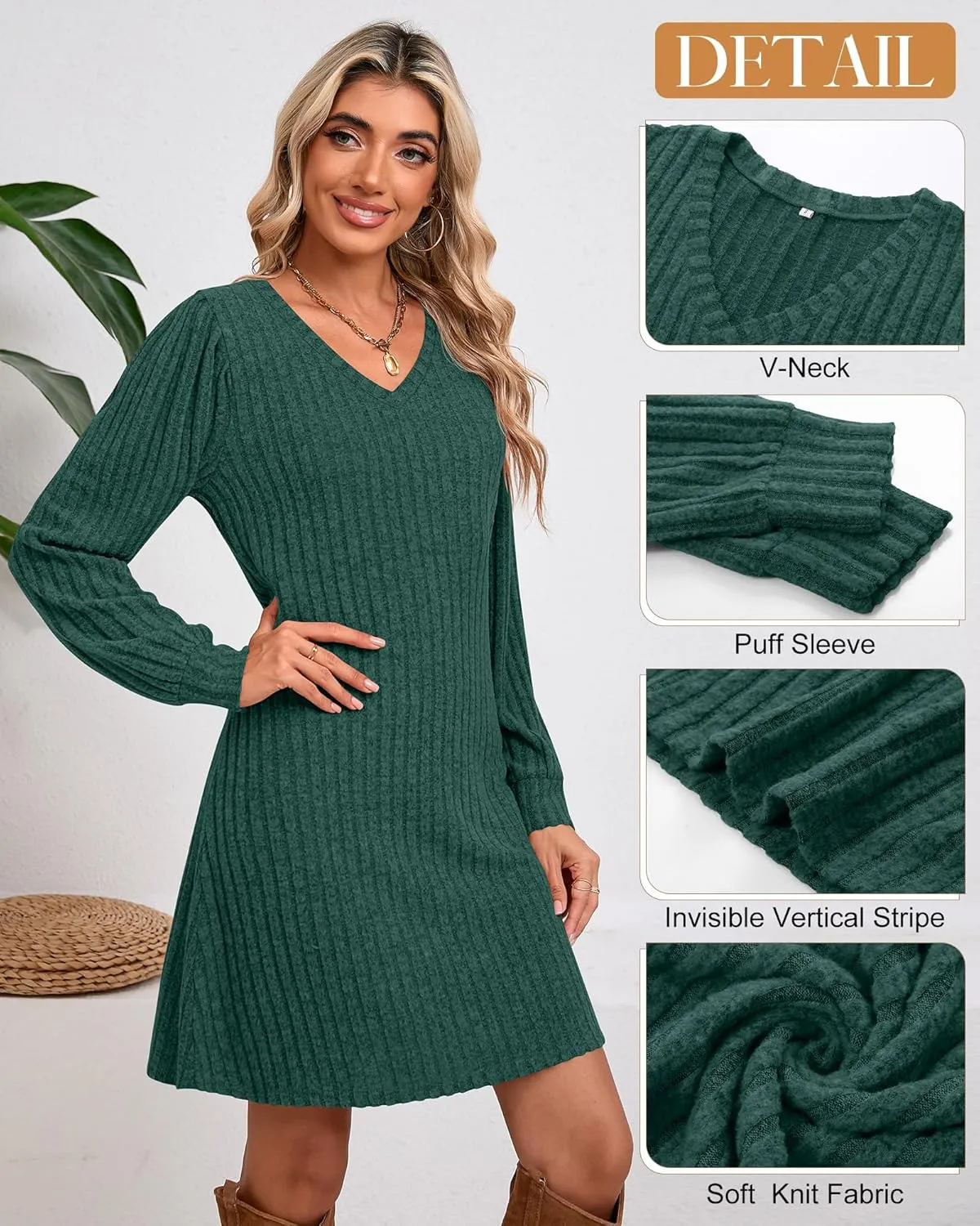 Ficerd Women's Knit Long Sleeve Sweater Dress Casual V Neck Tunic Dresses Fall Trendy Outfits