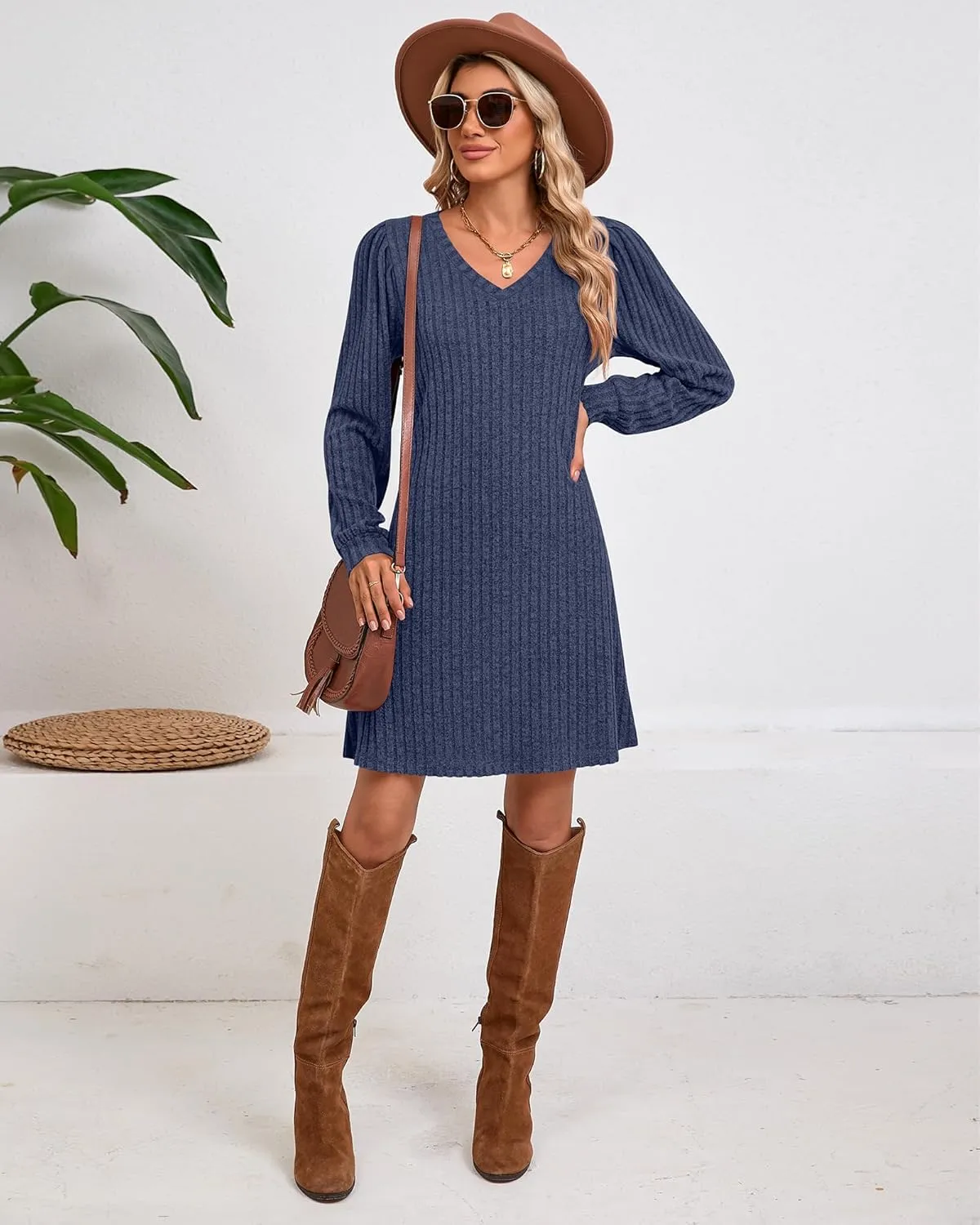 Ficerd Women's Knit Long Sleeve Sweater Dress Casual V Neck Tunic Dresses Fall Trendy Outfits