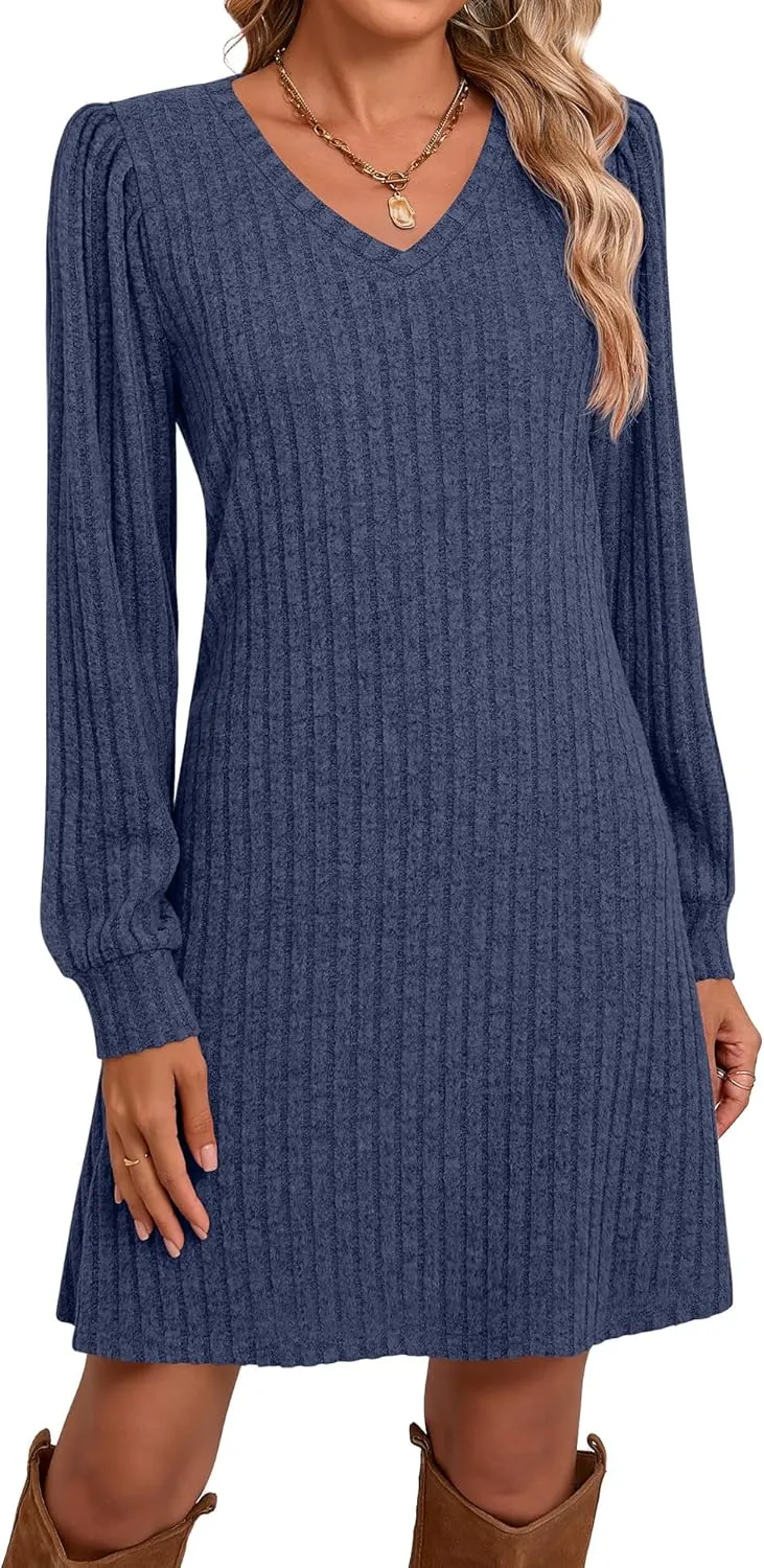 Ficerd Women's Knit Long Sleeve Sweater Dress Casual V Neck Tunic Dresses Fall Trendy Outfits