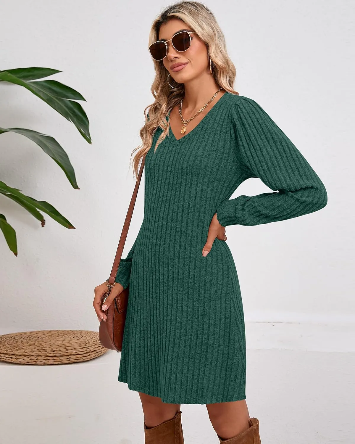 Ficerd Women's Knit Long Sleeve Sweater Dress Casual V Neck Tunic Dresses Fall Trendy Outfits