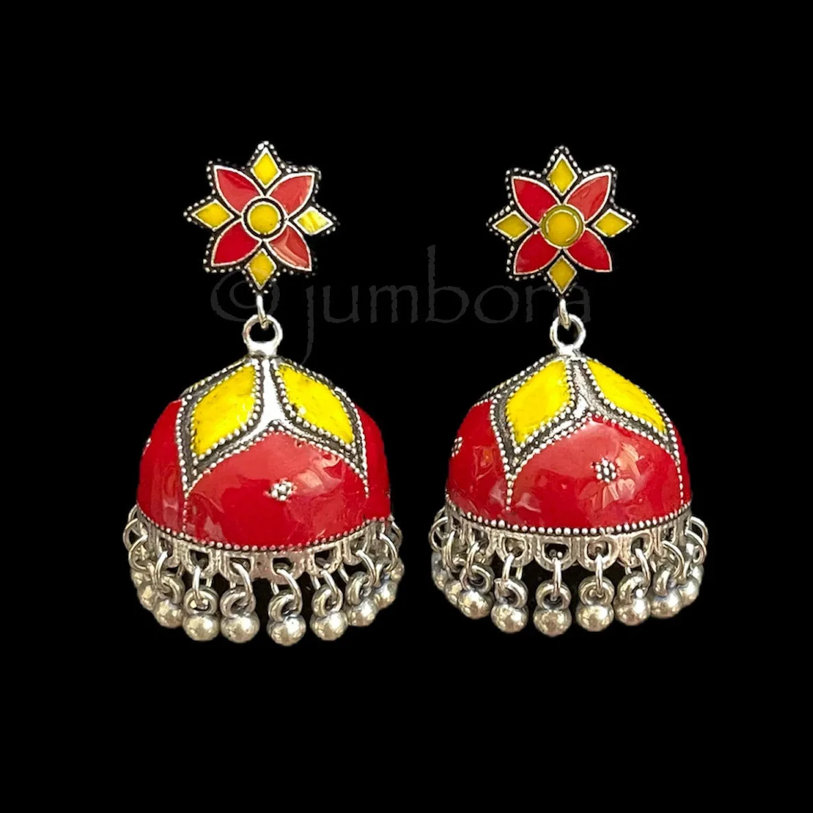 Hand painted Meenakari Oxidized German Silver Jhumka Earrings
