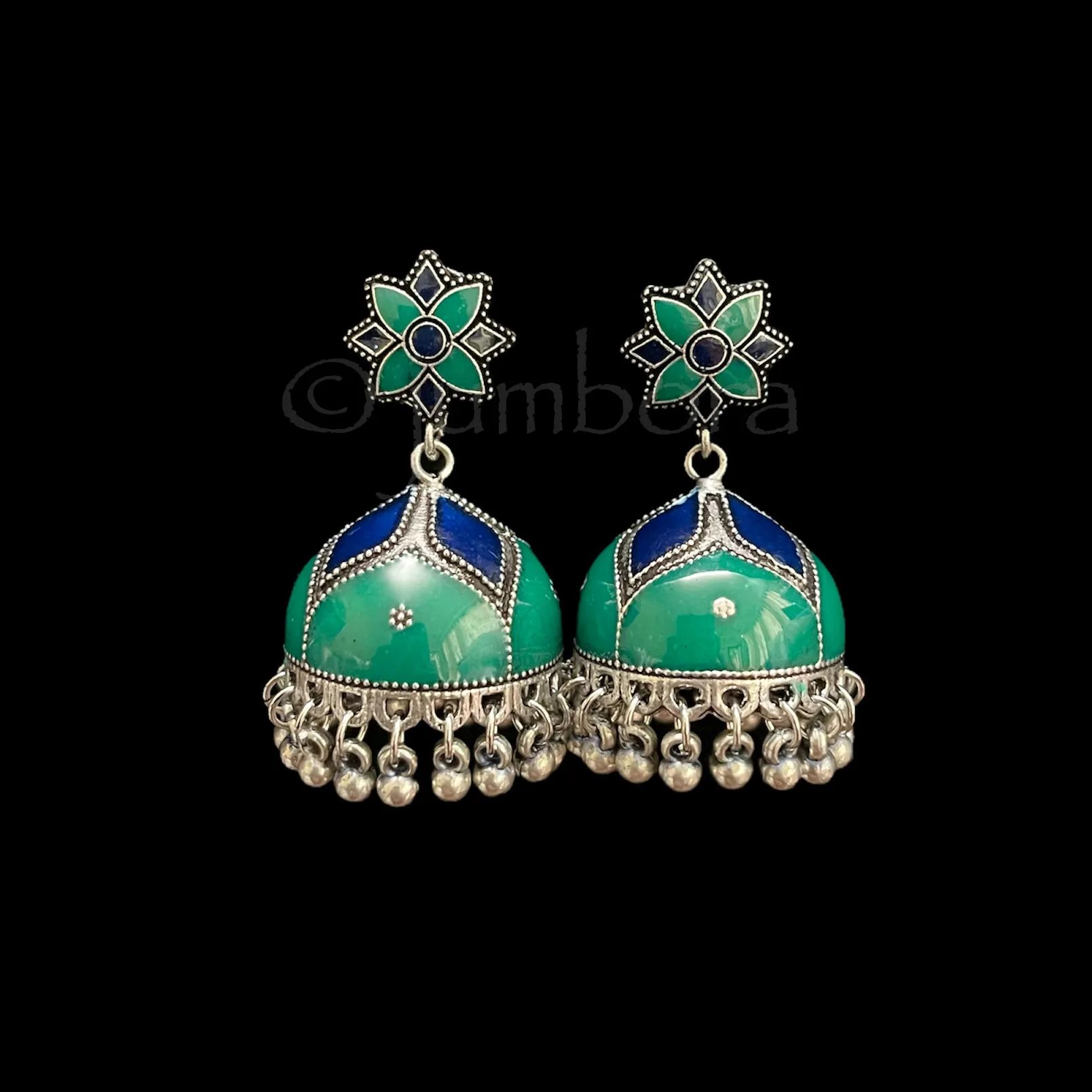 Hand painted Meenakari Oxidized German Silver Jhumka Earrings