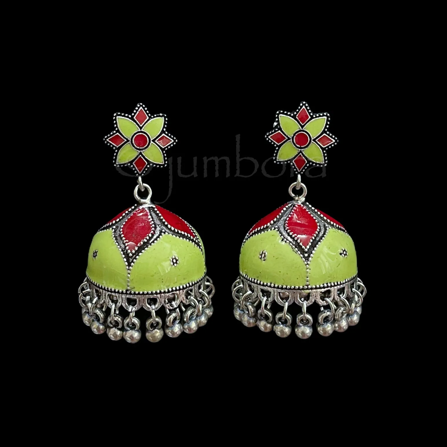 Hand painted Meenakari Oxidized German Silver Jhumka Earrings