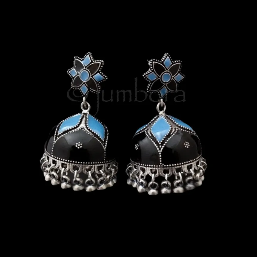 Hand painted Meenakari Oxidized German Silver Jhumka Earrings