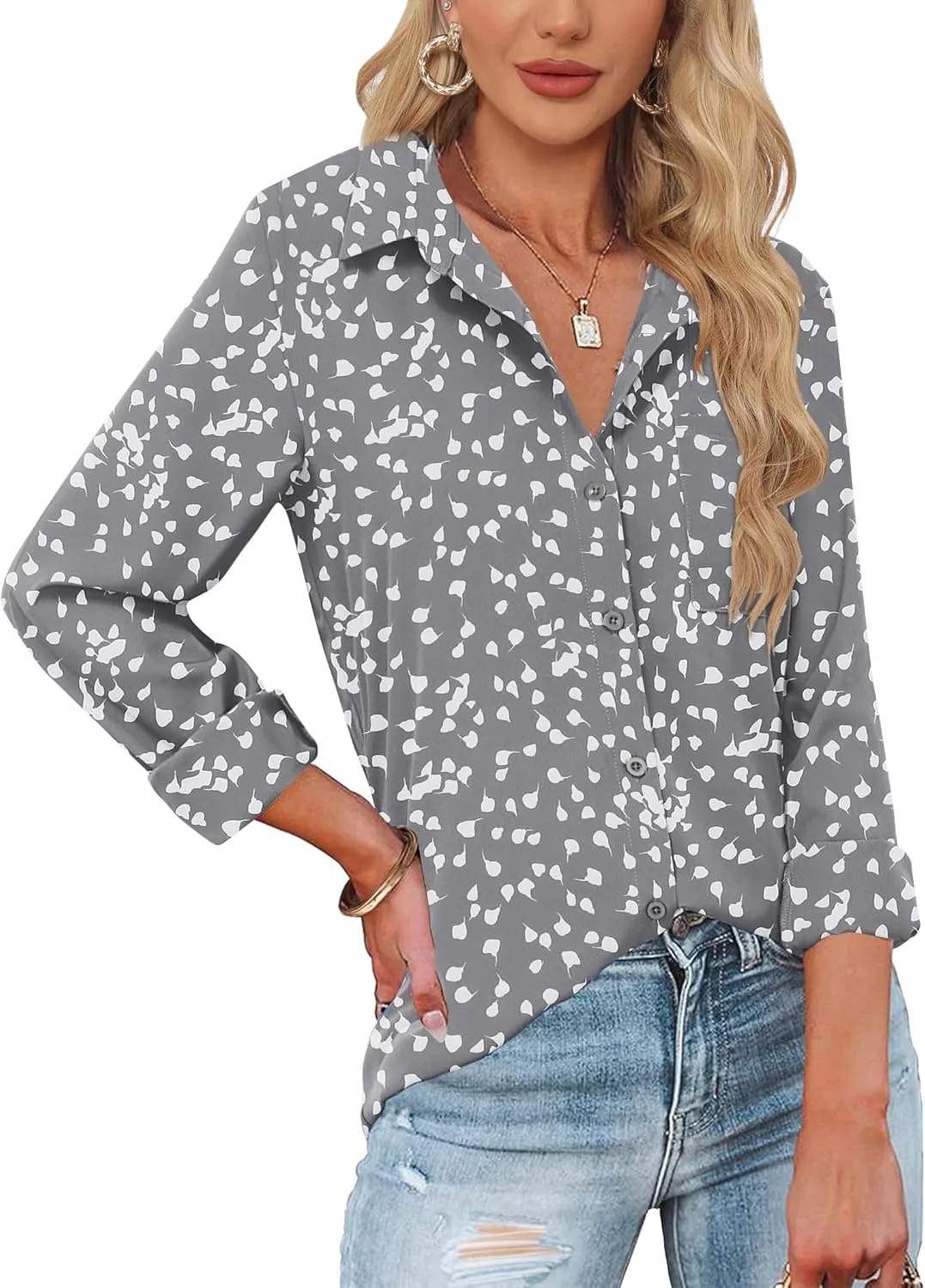 HOTOUCH Womens Button Down Shirts Long Sleeve Dress Shirts Casual V Neck Collared Tops Work Office Blouse with Pocket