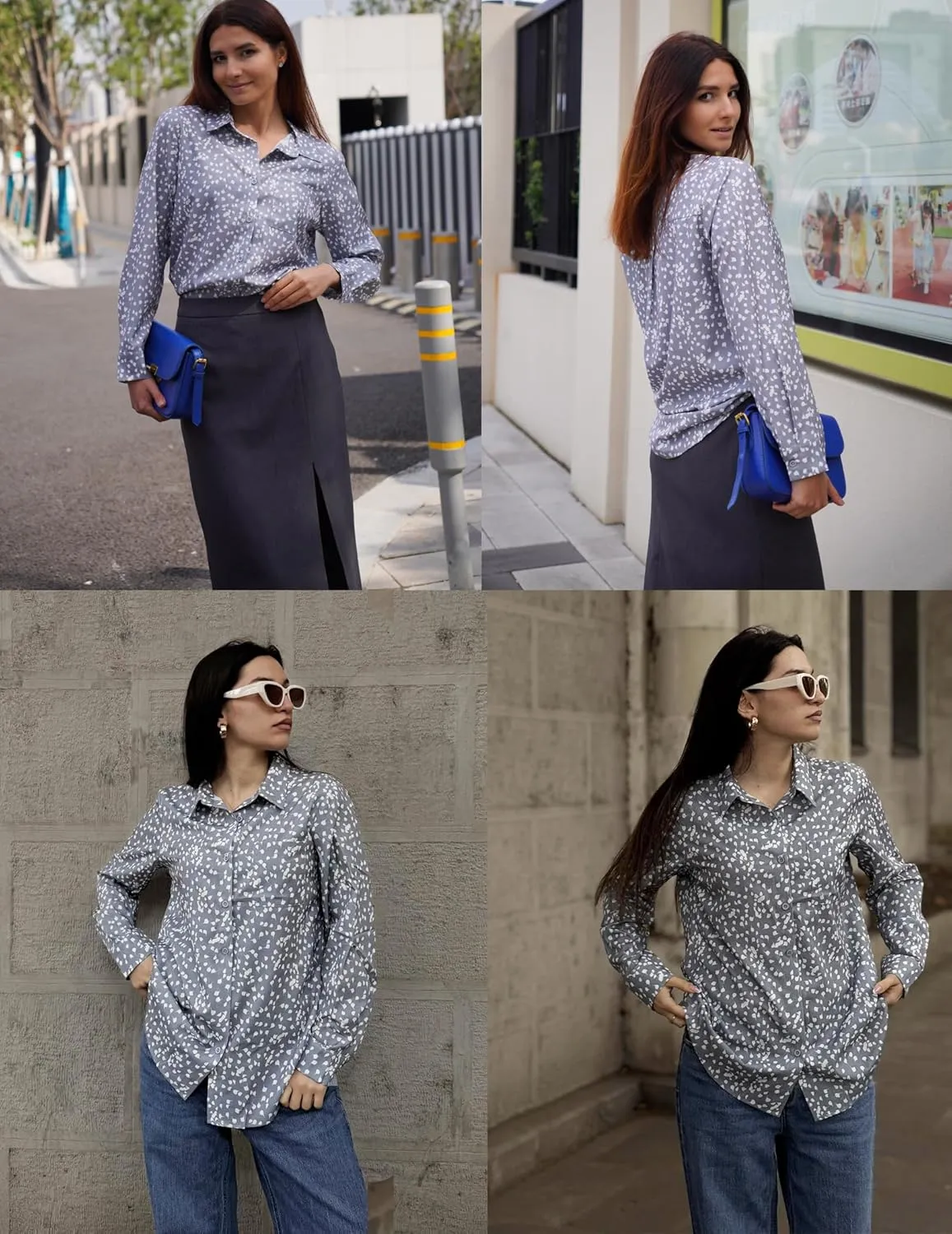HOTOUCH Womens Button Down Shirts Long Sleeve Dress Shirts Casual V Neck Collared Tops Work Office Blouse with Pocket