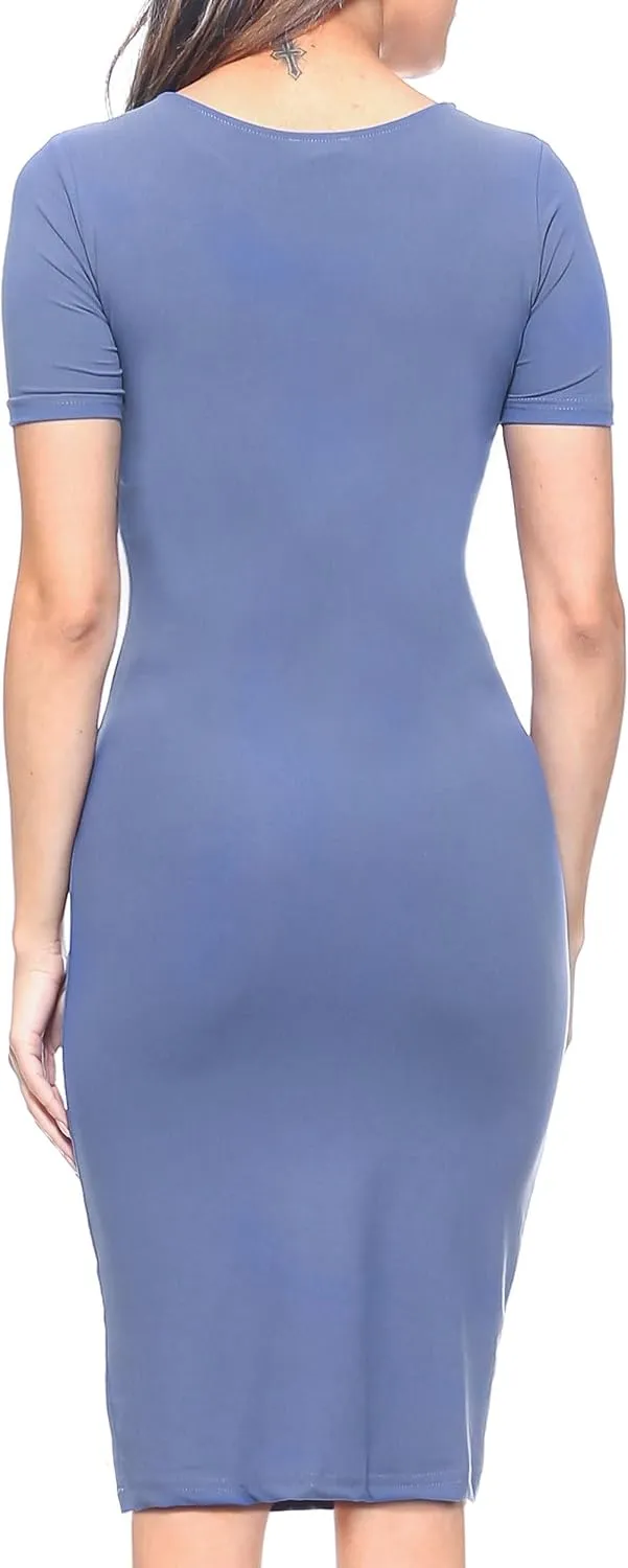 ICONOFLASH Women's Short Sleeve Midi Bodycon Dress - Crew Neck Fitted Dress with Plus Size Options