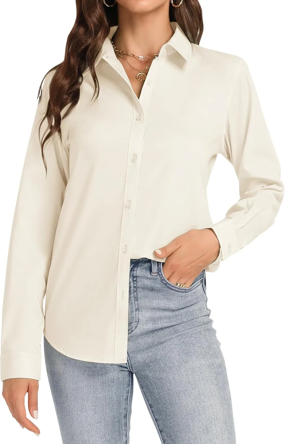 J.VER Womens Button Down Shirt Long Sleeve Dress Shirts Stretch Solid Work Blouse Collared Shirts for Business Office