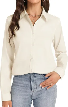 J.VER Womens Button Down Shirt Long Sleeve Dress Shirts Stretch Solid Work Blouse Collared Shirts for Business Office
