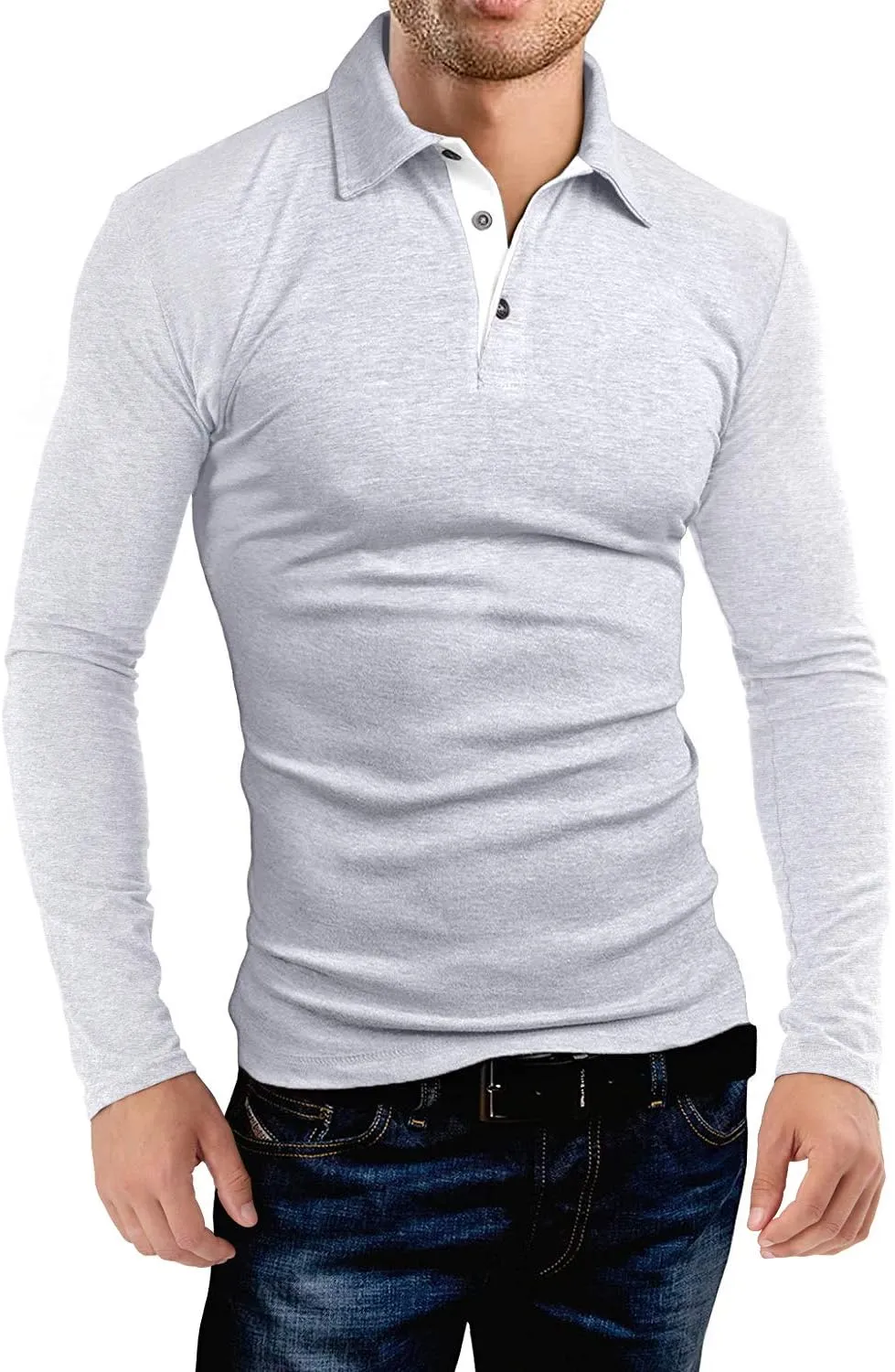 KUYIGO Men's Long Sleeve Polo Shirts Casual Slim Fit Basic Designed Cotton Shirt Tops