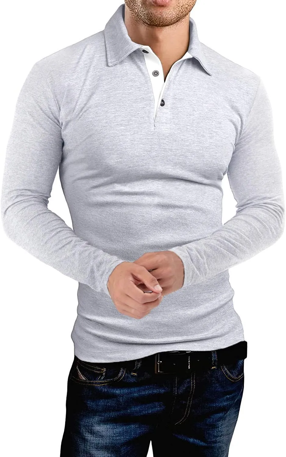 KUYIGO Men's Long Sleeve Polo Shirts Casual Slim Fit Basic Designed Cotton Shirt Tops