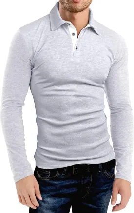 KUYIGO Men's Long Sleeve Polo Shirts Casual Slim Fit Basic Designed Cotton Shirt Tops