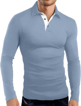KUYIGO Men's Long Sleeve Polo Shirts Casual Slim Fit Basic Designed Cotton Shirt Tops