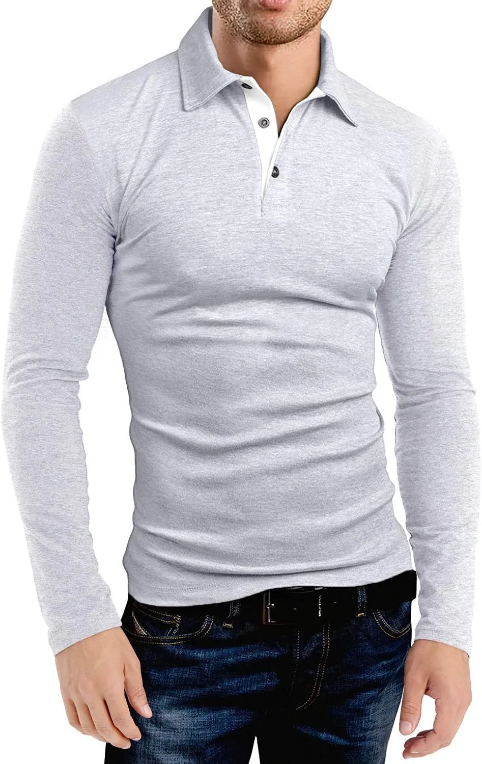 KUYIGO Men's Long Sleeve Polo Shirts Casual Slim Fit Basic Designed Cotton Shirt Tops