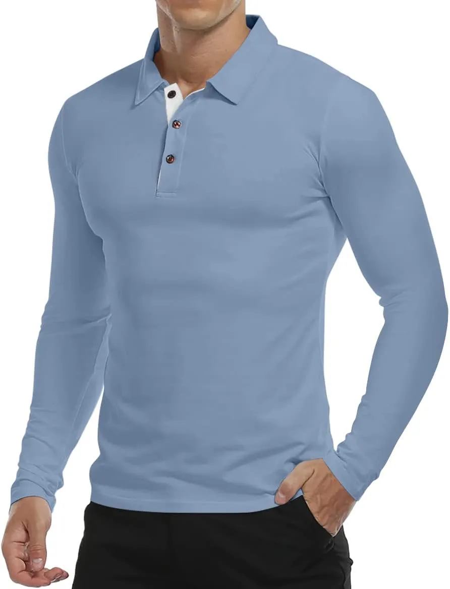 KUYIGO Men's Long Sleeve Polo Shirts Casual Slim Fit Basic Designed Cotton Shirt Tops