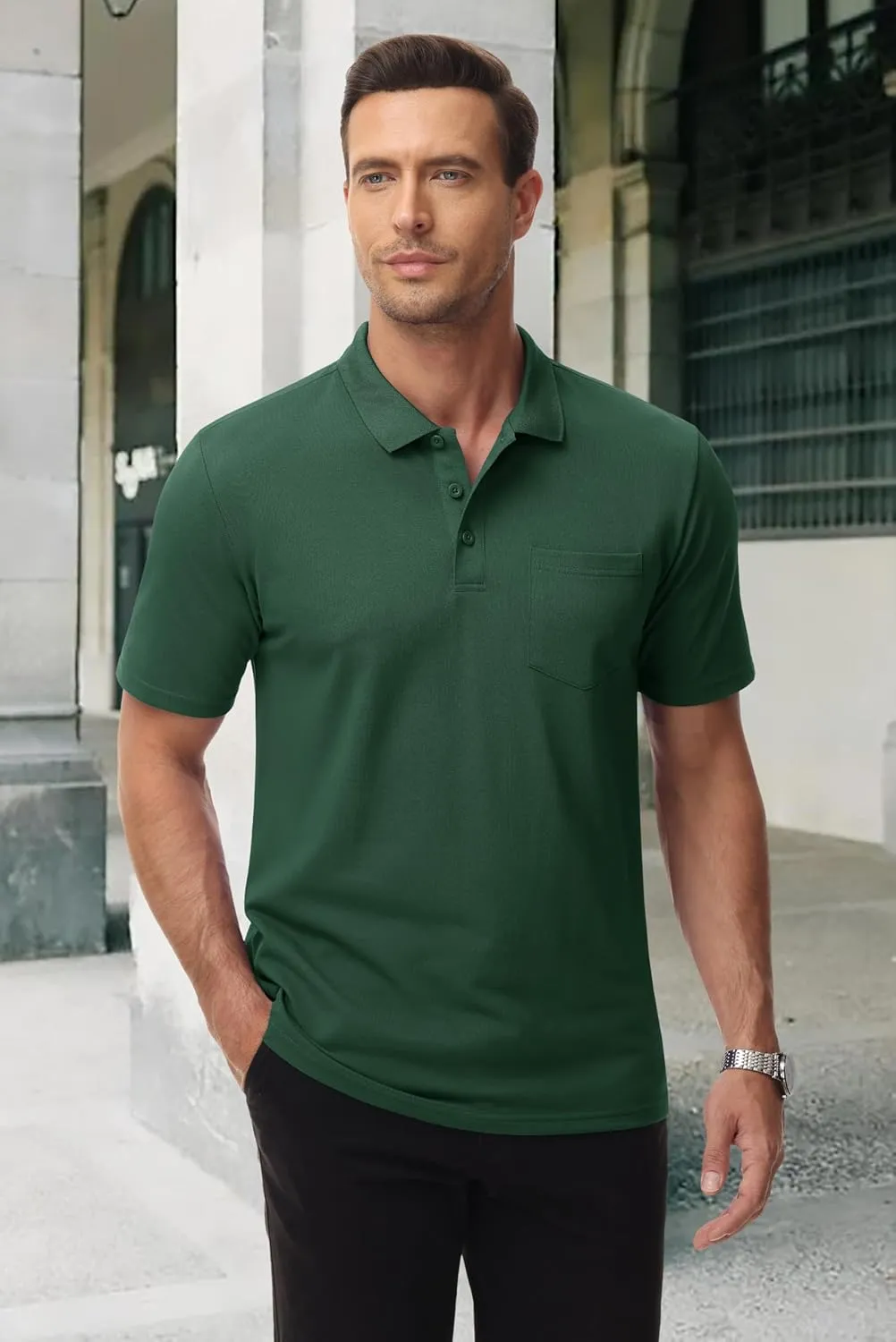 MAGCOMSEN Mens Polo Shirts with Pocket Cotton Pique Short Sleeve Collared Shirt Moisture Wicking Golf Shirts 3-Button Shirts