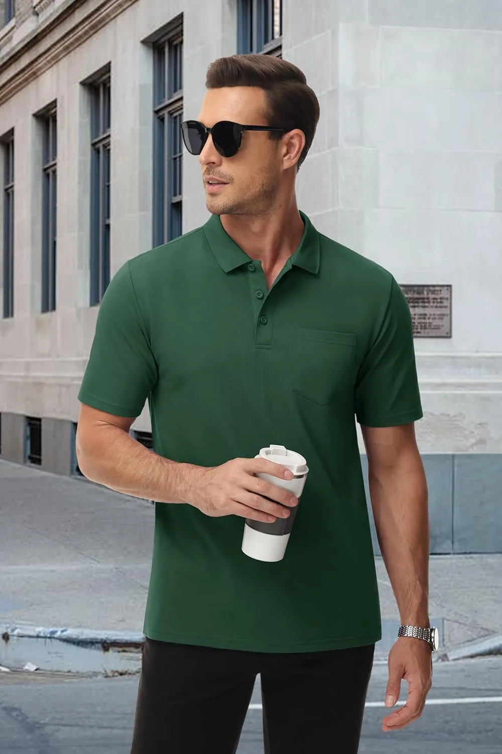MAGCOMSEN Mens Polo Shirts with Pocket Cotton Pique Short Sleeve Collared Shirt Moisture Wicking Golf Shirts 3-Button Shirts