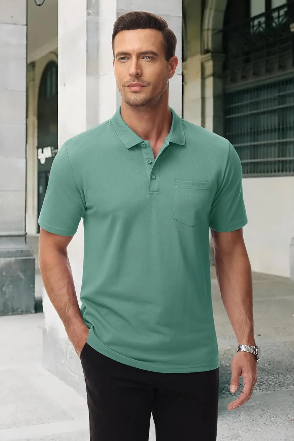 MAGCOMSEN Mens Polo Shirts with Pocket Cotton Pique Short Sleeve Collared Shirt Moisture Wicking Golf Shirts 3-Button Shirts