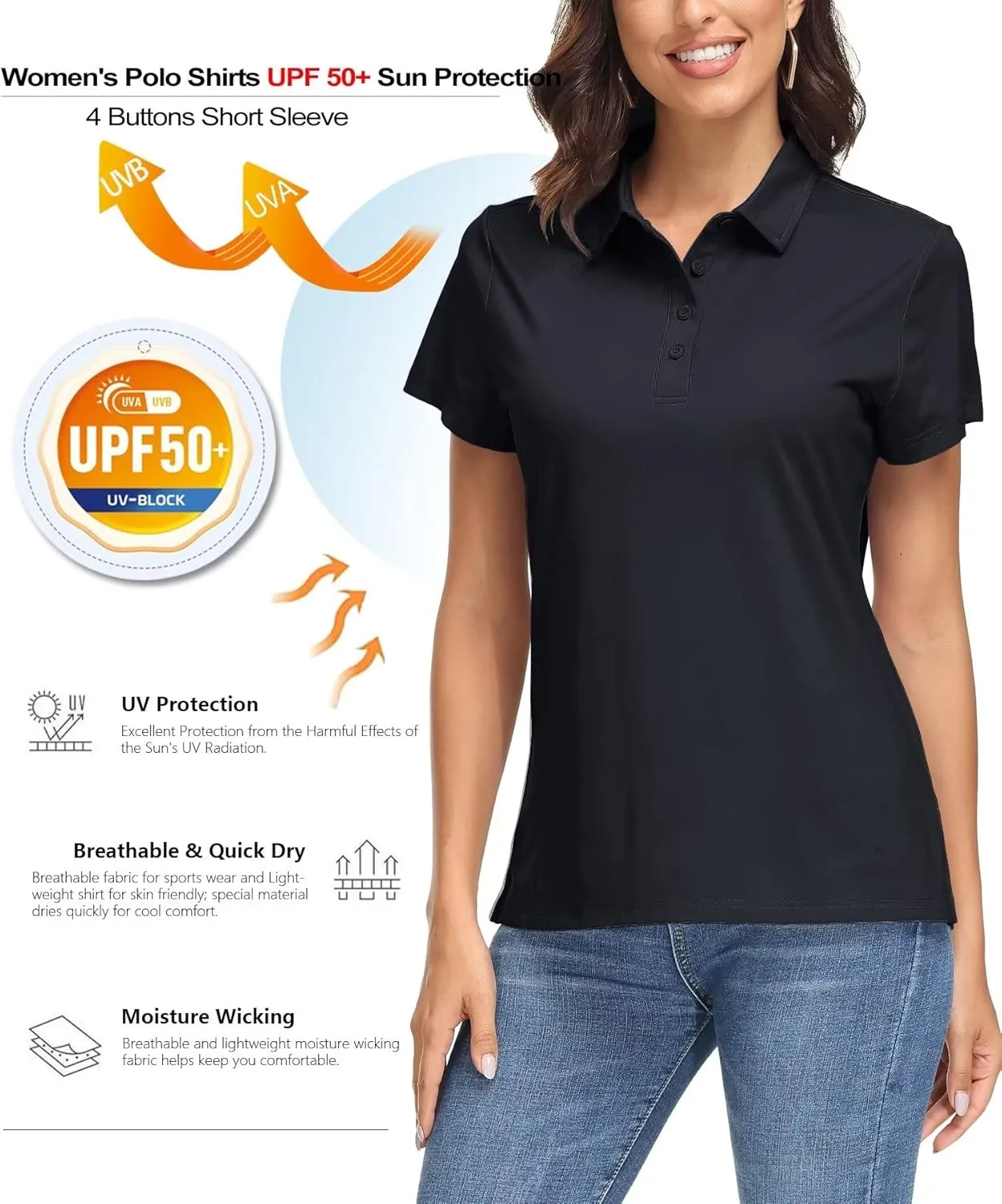 MAGCOMSEN Women's Polo Shirts UPF 50 Sun Protection 4 Buttons Casual Work Quick Dry Short Sleeve Collared Golf Shirt