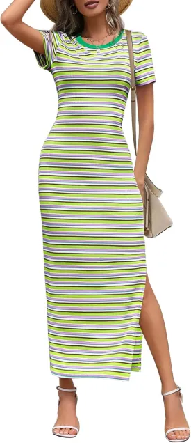 MEROKEETY Women's 2025 Summer Spring Striped Bodycon Maxi Dress Casual Short Sleeve Ribbed Knit Slit Long T Shirt Dresses