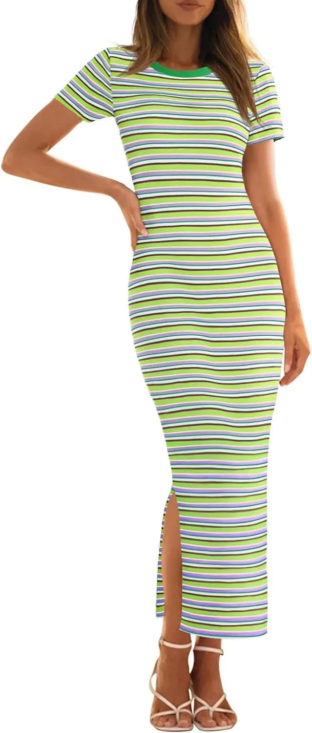 MEROKEETY Women's 2025 Summer Spring Striped Bodycon Maxi Dress Casual Short Sleeve Ribbed Knit Slit Long T Shirt Dresses