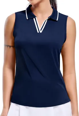 MIER Women's Sleeveless Golf Polo Shirts Dry Fit Collared Tank Tops V Neck Ribbed Athletic Tennis Shirt, Moisture Wicking