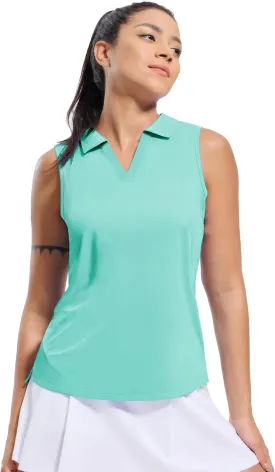MIER Women's Sleeveless Golf Polo Shirts Dry Fit Collared Tank Tops V Neck Ribbed Athletic Tennis Shirt, Moisture Wicking