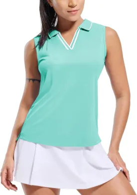 MIER Women's Sleeveless Golf Polo Shirts Dry Fit Collared Tank Tops V Neck Ribbed Athletic Tennis Shirt, Moisture Wicking