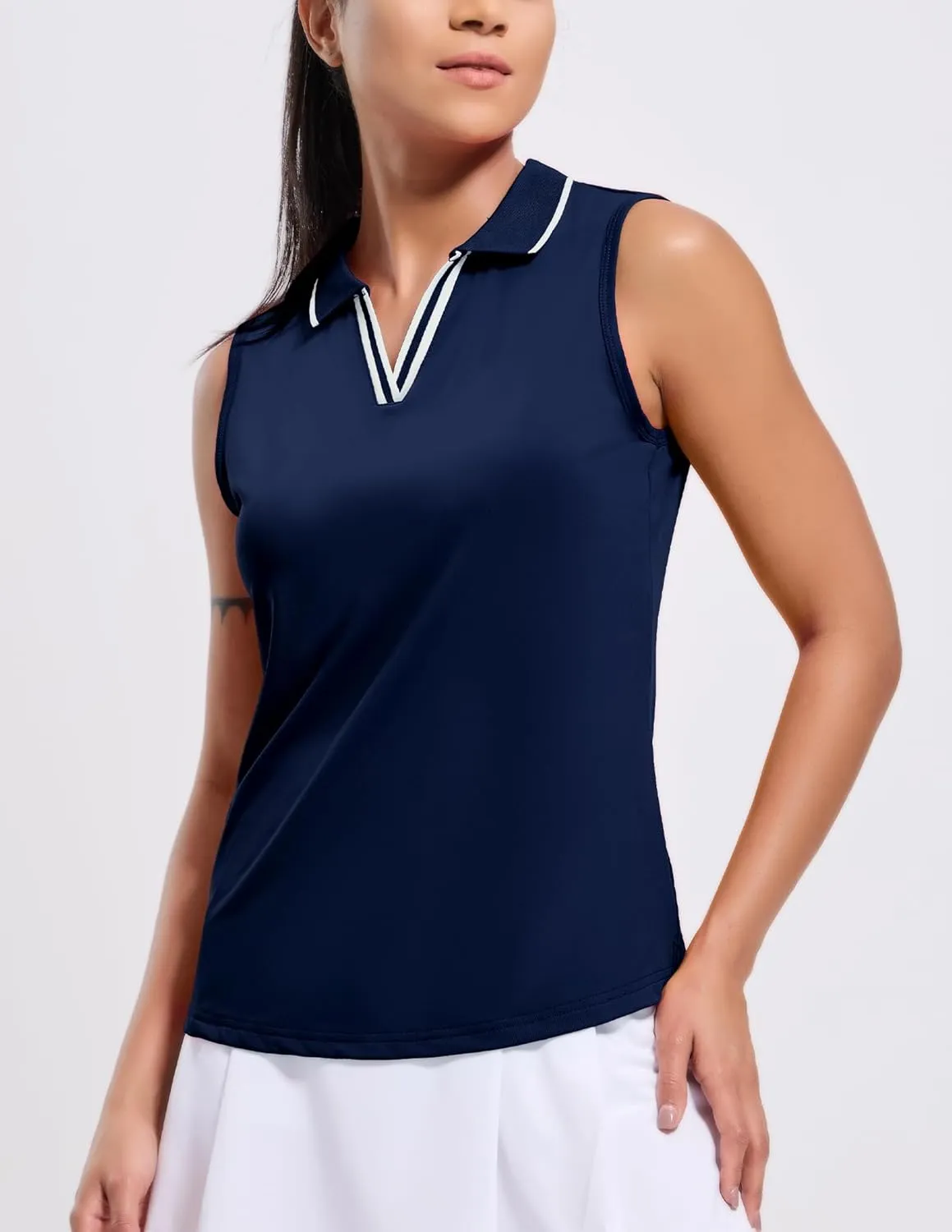 MIER Women's Sleeveless Golf Polo Shirts Dry Fit Collared Tank Tops V Neck Ribbed Athletic Tennis Shirt, Moisture Wicking