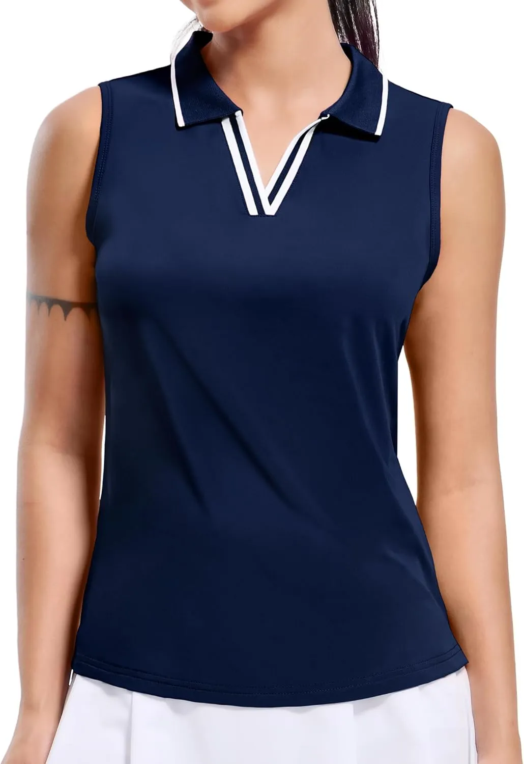 MIER Women's Sleeveless Golf Polo Shirts Dry Fit Collared Tank Tops V Neck Ribbed Athletic Tennis Shirt, Moisture Wicking