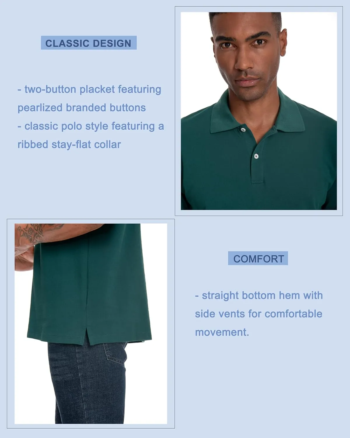 Nutria Mens Polo Shirt Short Sleeve 100% Cotton Pique Moisture Wicking Classic Collared T-Shirt Golf Tennis Casual Relax U09