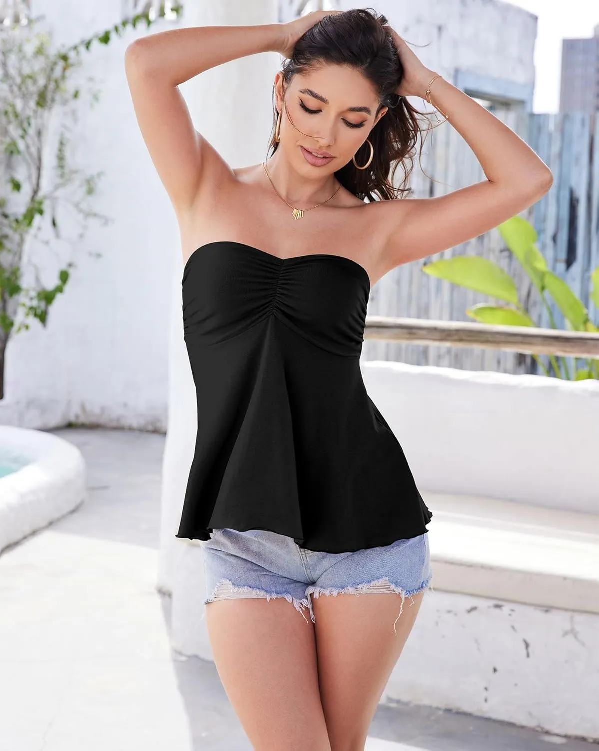 Pima Cotton Tube Tops for Women Summer Strapless Sweetheart Neck Shirts Flowy Ruffle Hem Cute Going Out Bandeau
