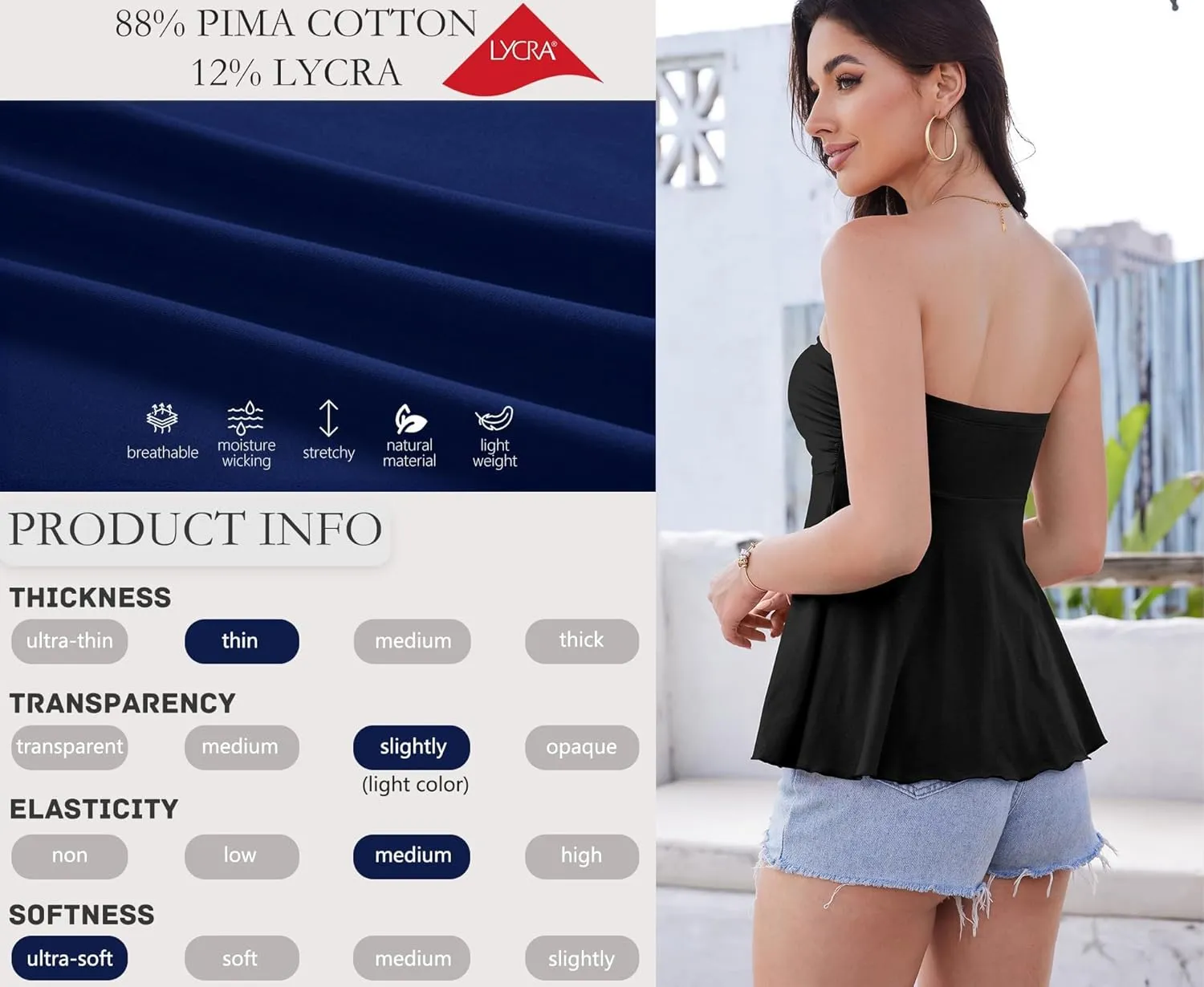 Pima Cotton Tube Tops for Women Summer Strapless Sweetheart Neck Shirts Flowy Ruffle Hem Cute Going Out Bandeau