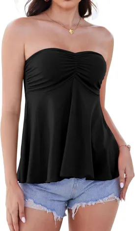 Pima Cotton Tube Tops for Women Summer Strapless Sweetheart Neck Shirts Flowy Ruffle Hem Cute Going Out Bandeau