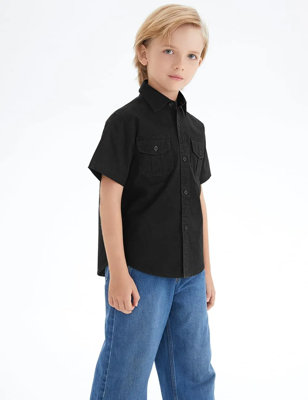 Spring&Gege Boys' Short Sleeve Button Down Shirts for Kids Woven Solid with Two Pockets