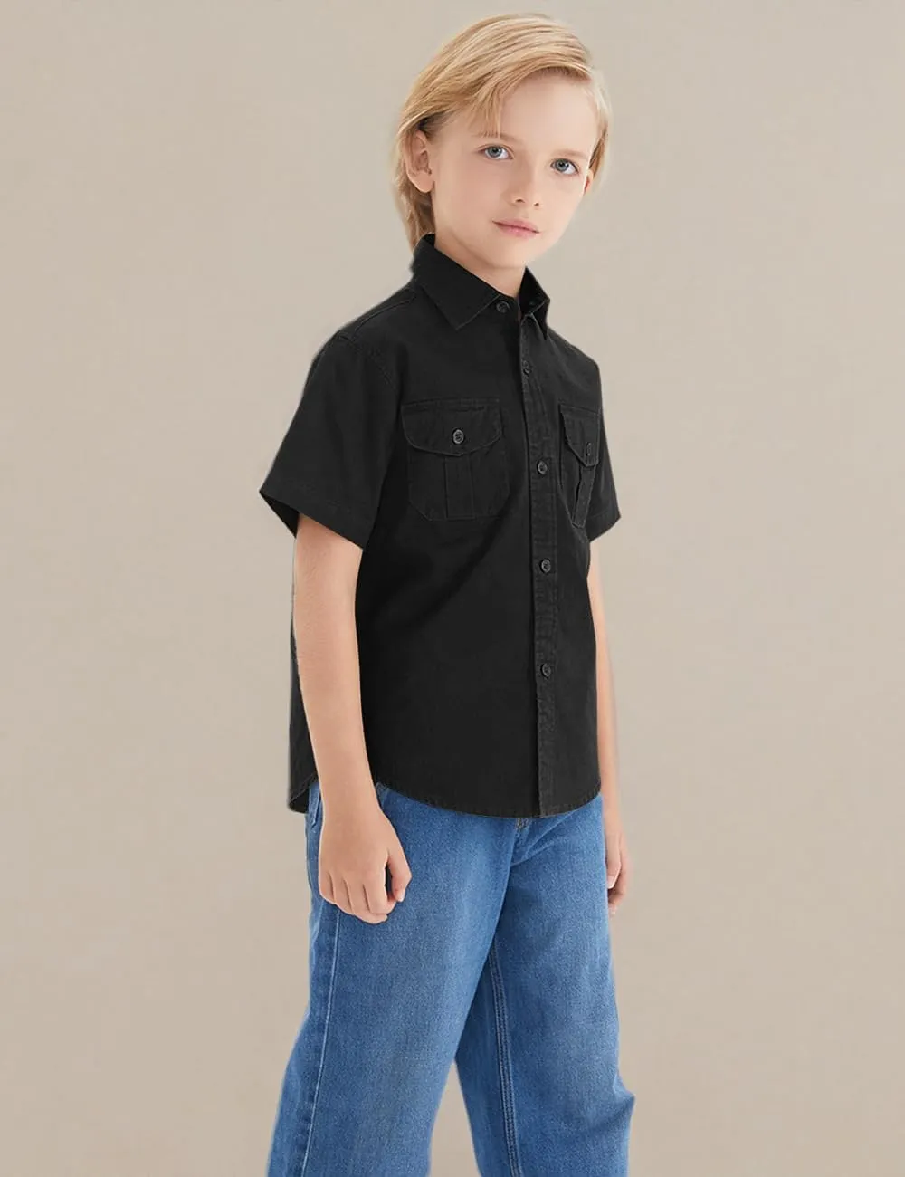 Spring&Gege Boys' Short Sleeve Button Down Shirts for Kids Woven Solid with Two Pockets