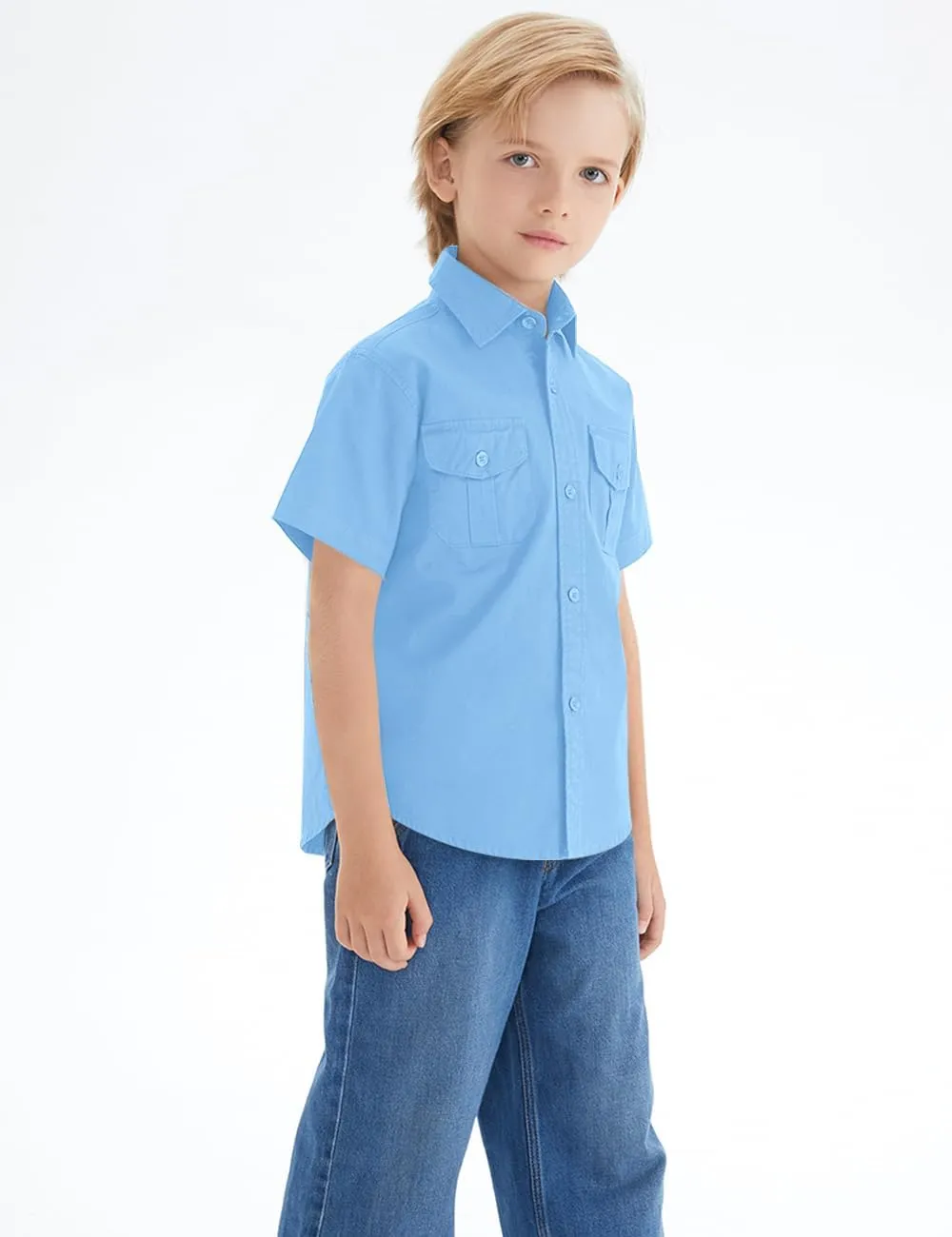 Spring&Gege Boys' Short Sleeve Button Down Shirts for Kids Woven Solid with Two Pockets